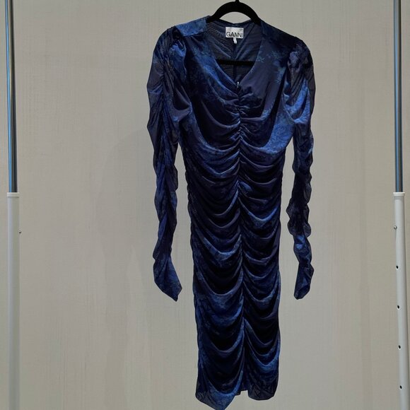Elegant Ruched Long-Sleeve Dress by Ganni - Picture 1 of 6